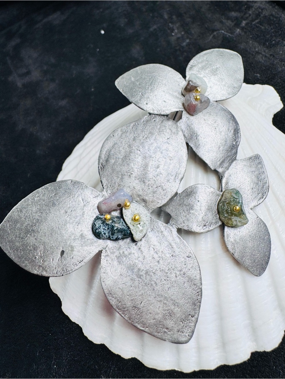 Silver Floral Statement Earrings with Mixed Stone Accents